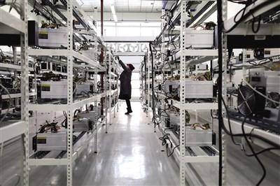 Expansive Bitcoin mining farm facility with rows of miners